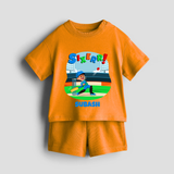 Celebrate The 6th Birthday With Cricket Theme - Personalized Birthday Co-ord With Customized Name - TANGERINE - 0-5 months old  (Chest 18")