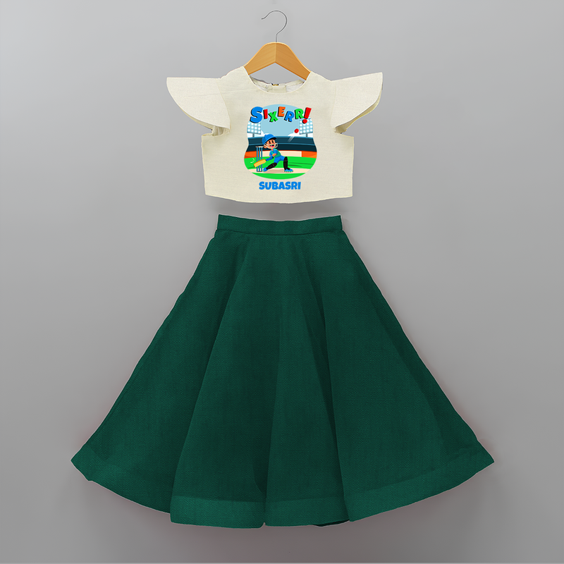 Celebrate The 6th Birthday With Cricket Theme - Personalized Birthday Crop Top And Skirt With Customized Name - BOTTLE GREEN - 6 - 9 Months Old (Chest 20" , Frock Waist 20")