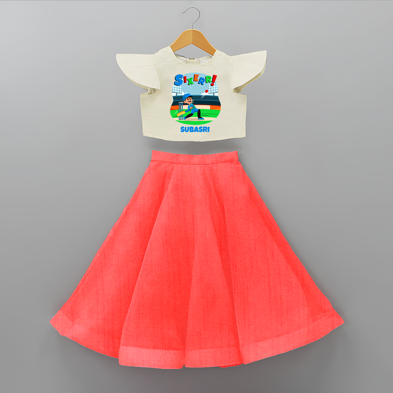 Celebrate The 6th Birthday With Cricket Theme - Personalized Birthday Crop Top And Skirt With Customized Name - RED - 6 - 9 Months Old (Chest 20" , Frock Waist 20")