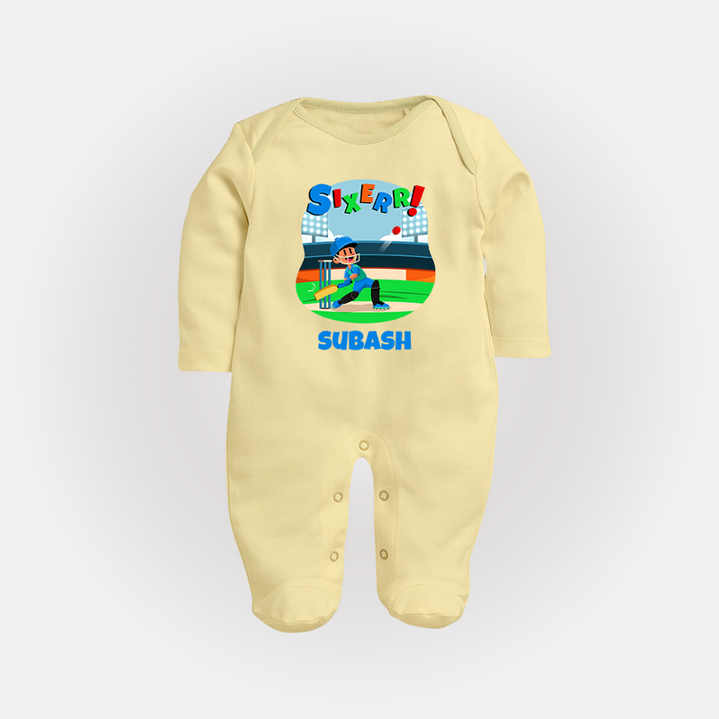 Baby Milestone Full Sleeve Bodysuit/ Sleep Suit/ Jumpsuit | Custom 6 Month Full Sleeve Bodysuit/ Sleep Suit/ Jumpsuit | Soft, Skin-Friendly Cotton - PASTEL YELLOW - New Born (Chest 7.5")