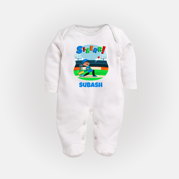 Baby Milestone Full Sleeve Bodysuit/ Sleep Suit/ Jumpsuit | Custom 6 Month Full Sleeve Bodysuit/ Sleep Suit/ Jumpsuit | Soft, Skin-Friendly Cotton - WHITE - New Born (Chest 7.5")