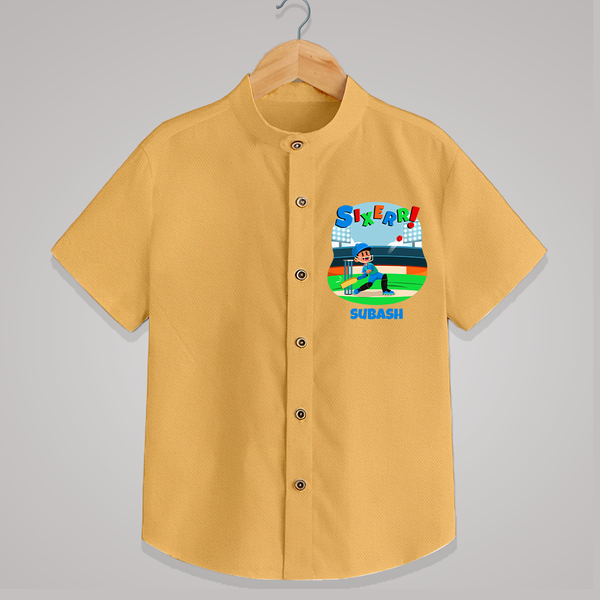 Celebrate The 6th Birthday With Cricket Theme - Personalized Birthday Shirts With Customized Name - PASTEL YELLOW - 0 - 6 Months Old (Chest 23")