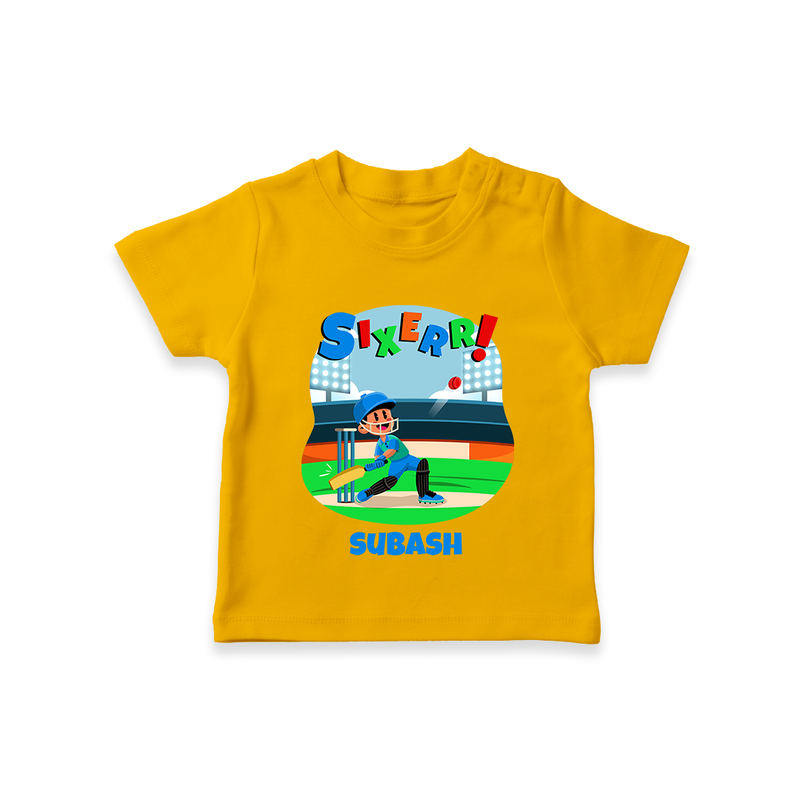 Celebrate The 6th Birthday With Cricket Theme - Personalized Birthday T-Shirts With Customized Name - CHROME YELLOW - 0-5 Months Old (Chest 17")