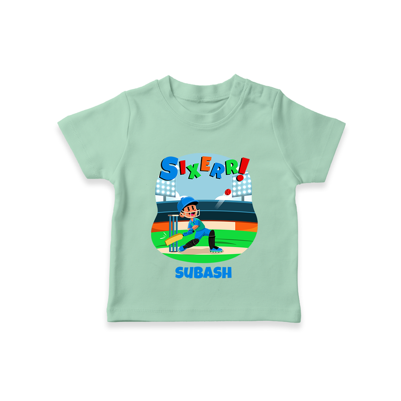 Celebrate The 6th Birthday With Cricket Theme - Personalized Birthday T-Shirts With Customized Name - MINT GREEN - 0-5 Months Old (Chest 17")