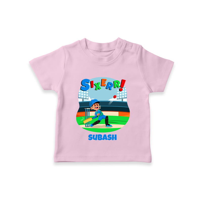 Celebrate The 6th Birthday With Cricket Theme - Personalized Birthday T-Shirts With Customized Name - PINK - 0-5 Months Old (Chest 17")