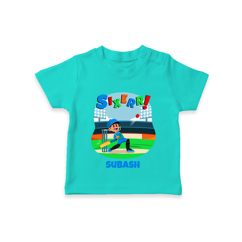 Celebrate The 6th Birthday With Cricket Theme - Personalized Birthday T-Shirts With Customized Name - TEAL - 0-5 Months Old (Chest 17")