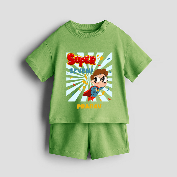 Celebrate The 7th Birthday With Super Boy Theme - Personalized Birthday Co-ord With Customized Name - KIWI GREEN - 0-5 months old  (Chest 18")