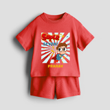 Celebrate The 7th Birthday With Super Boy Theme - Personalized Birthday Co-ord With Customized Name - RED - 0-5 months old  (Chest 18")