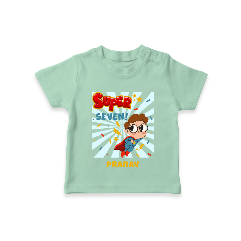 Celebrate The 7th Birthday With Super Boy Theme - Personalized Birthday T-Shirts With Customized Name - MINT GREEN - 0-5 Months Old (Chest 17")