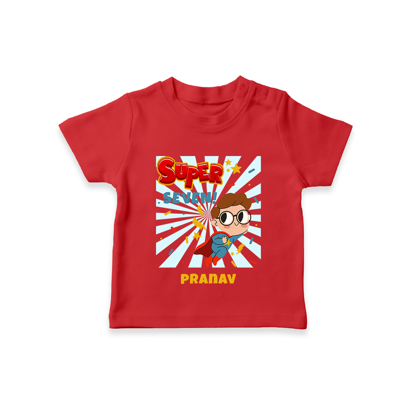 Celebrate The 7th Birthday With Super Boy Theme - Personalized Birthday T-Shirts With Customized Name - RED - 0-5 Months Old (Chest 17")