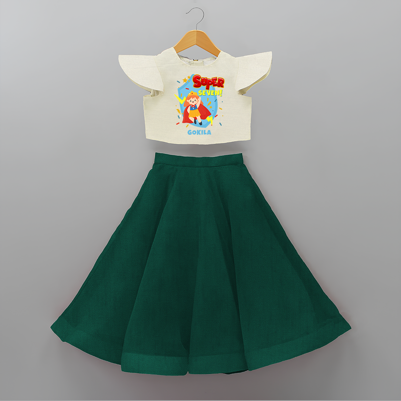 Celebrate The 7th Birthday With Super Girl Theme - Personalized Birthday Crop Top And Skirt With Customized Name - BOTTLE GREEN - 6 - 9 Months Old (Chest 20" , Frock Waist 20")