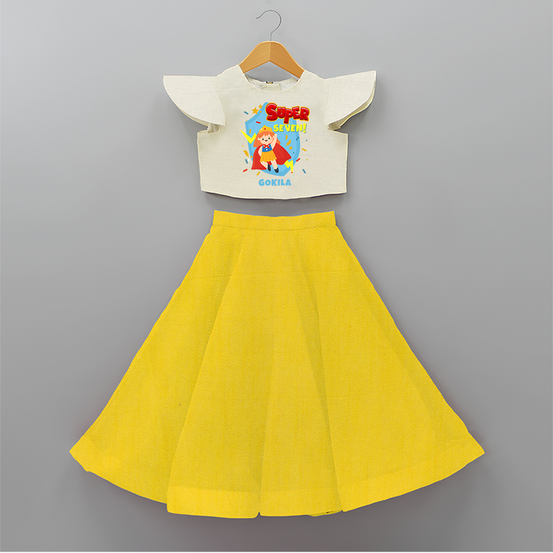 Celebrate The 7th Birthday With Super Girl Theme - Personalized Birthday Crop Top And Skirt With Customized Name - YELLOW - 6 - 9 Months Old (Chest 20" , Frock Waist 20")