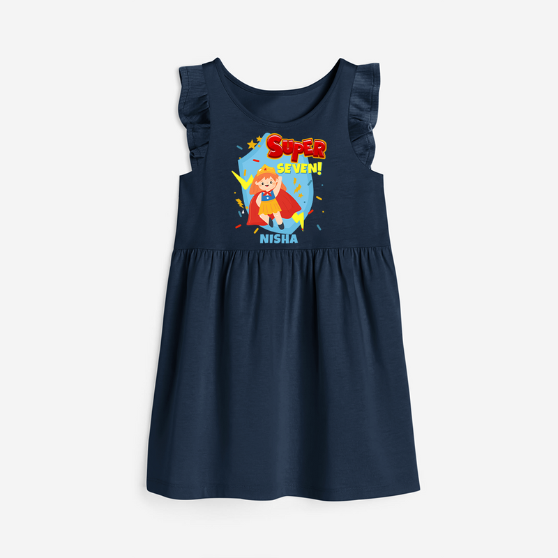 Celebrate The Seventh Birthday "Super Seven" with Personalized Frock - NAVY BLUE - 0 - 6 Months Old (Chest 18")