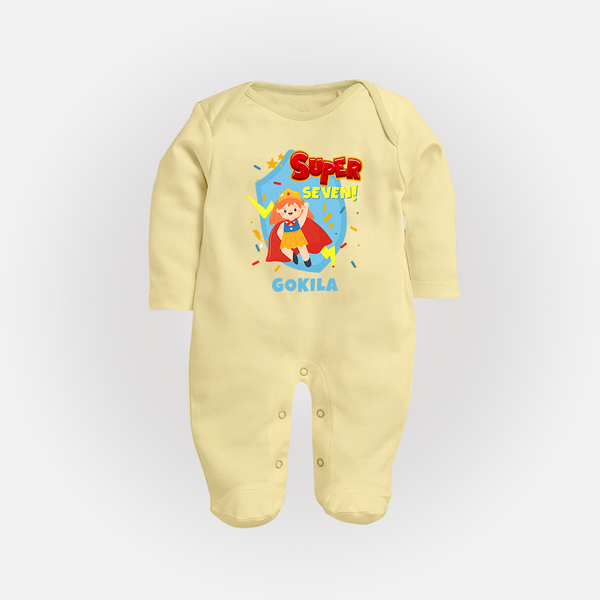 Baby Milestone Full Sleeve Bodysuit/ Sleep Suit/ Jumpsuit | Custom 7 Month Full Sleeve Bodysuit/ Sleep Suit/ Jumpsuit | Soft, Skin-Friendly Cotton - PASTEL YELLOW - New Born (Chest 7.5")