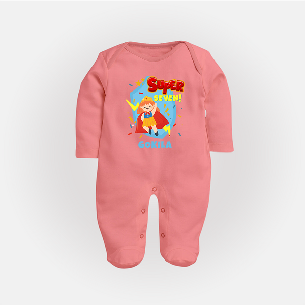 Baby Milestone Full Sleeve Bodysuit/ Sleep Suit/ Jumpsuit | Custom 7 Month Full Sleeve Bodysuit/ Sleep Suit/ Jumpsuit | Soft, Skin-Friendly Cotton - PEACH - New Born (Chest 7.5")
