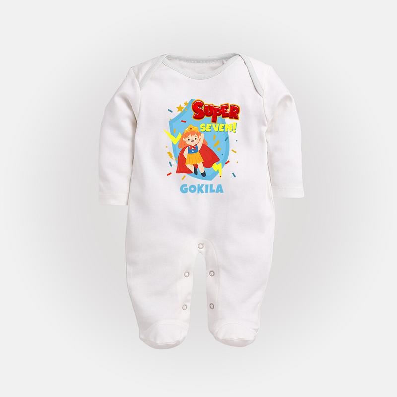 Baby Milestone Full Sleeve Bodysuit/ Sleep Suit/ Jumpsuit | Custom 7 Month Full Sleeve Bodysuit/ Sleep Suit/ Jumpsuit | Soft, Skin-Friendly Cotton - WHITE - New Born (Chest 7.5")