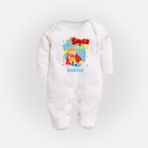 Baby Milestone Full Sleeve Bodysuit/ Sleep Suit/ Jumpsuit | Custom 7 Month Full Sleeve Bodysuit/ Sleep Suit/ Jumpsuit | Soft, Skin-Friendly Cotton - WHITE - New Born (Chest 7.5")