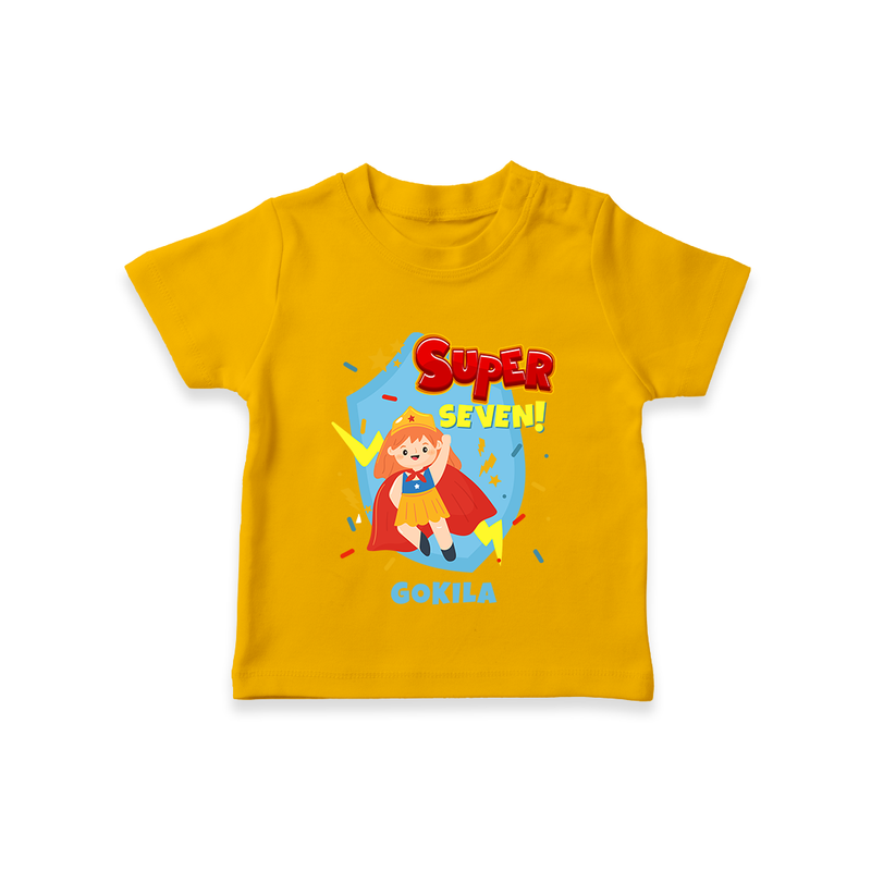 Celebrate The 7th Birthday With Super Girl Theme - Personalized Birthday T-Shirts With Customized Name - CHROME YELLOW - 0-5 Months Old (Chest 17")