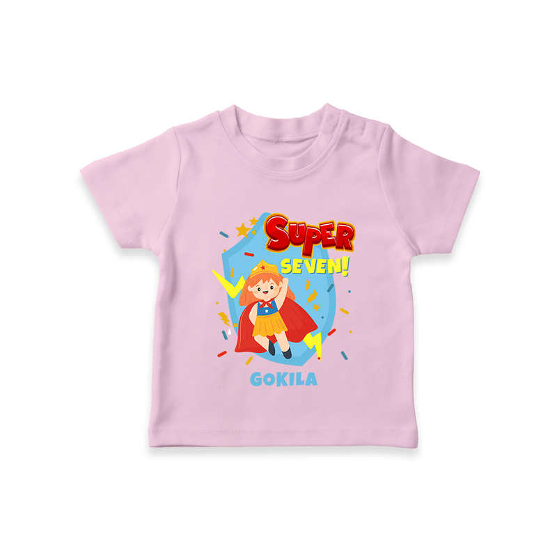 Celebrate The 7th Birthday With Super Girl Theme - Personalized Birthday T-Shirts With Customized Name - PINK - 0-5 Months Old (Chest 17")