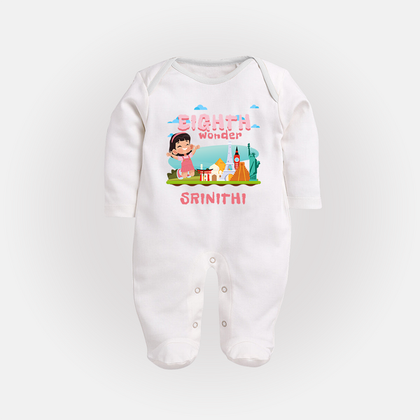 Baby Milestone Full Sleeve Bodysuit/ Sleep Suit/ Jumpsuit | Custom 8 Month Full Sleeve Bodysuit/ Sleep Suit/ Jumpsuit | Soft, Skin-Friendly Cotton - WHITE - New Born (Chest 7.5")