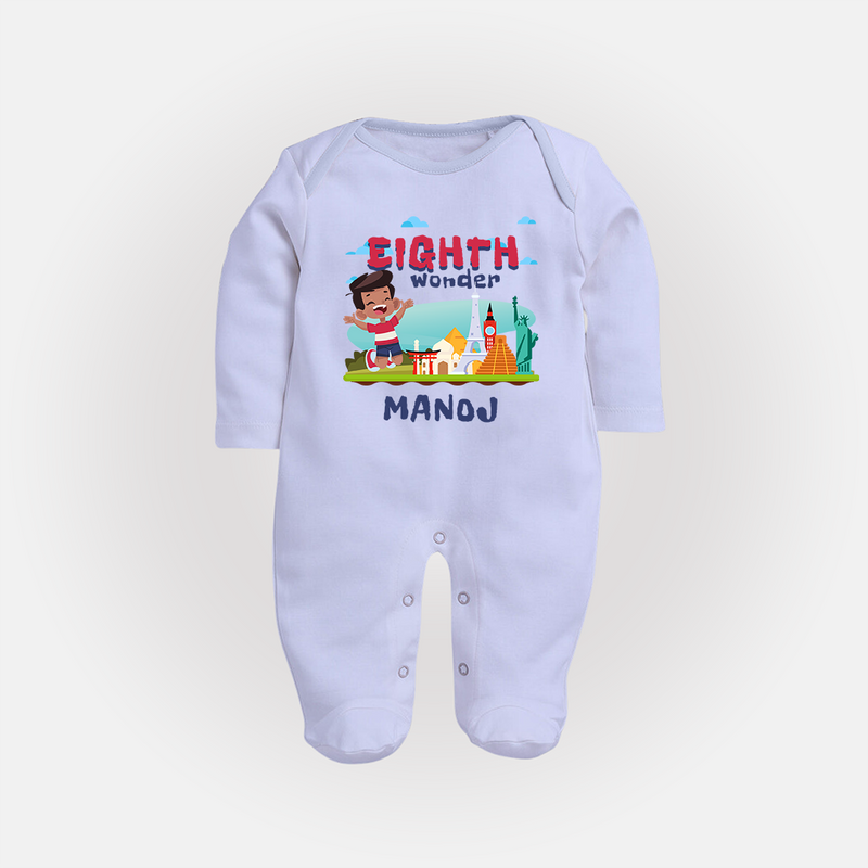 Celebrate 8 Month with Custom Full Sleeve Bodysuit/ Sleep Suit/ Jumpsuit | Personalized Newborn Outfit | Soft Cotton Comfort - BABY BLUE - New Born (Chest 7.5")
