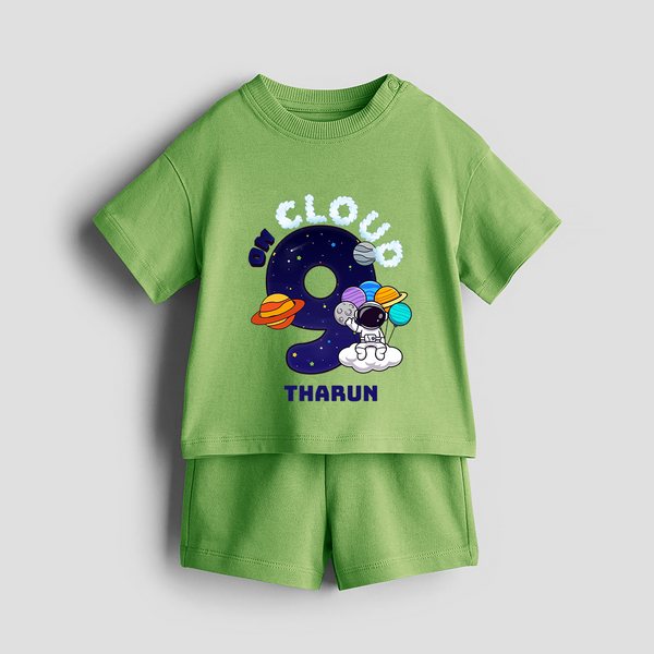 Celebrate The 9th Birthday With Space Theme - Personalized Birthday Co-ord With Customized Name - KIWI GREEN - 0-5 months old  (Chest 18")