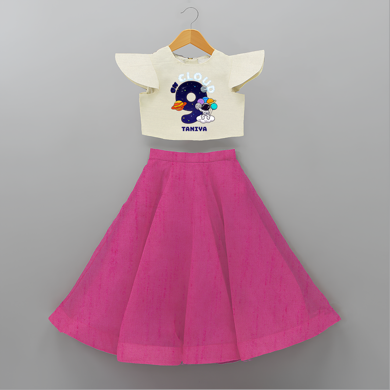 Celebrate The 9th Birthday With Space Theme - Personalized Birthday Crop Top And Skirt With Customized Name - FUSCHIA - 6 - 9 Months Old (Chest 20" , Frock Waist 20")