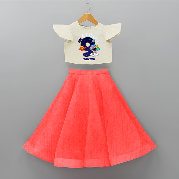 Celebrate The 9th Birthday With Space Theme - Personalized Birthday Crop Top And Skirt With Customized Name - RED - 6 - 9 Months Old (Chest 20" , Frock Waist 20")