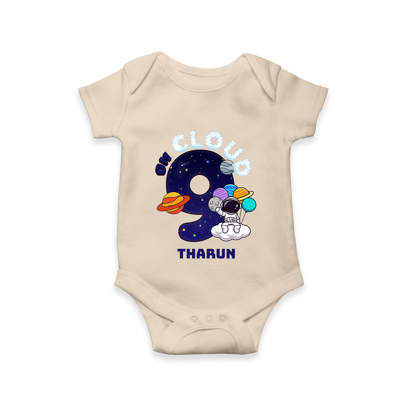 Celebrate The 9th Month With Our Space Theme - Customized Romper For Babies With Name - IVORY - 0 - 3 Months Old (Chest 16")