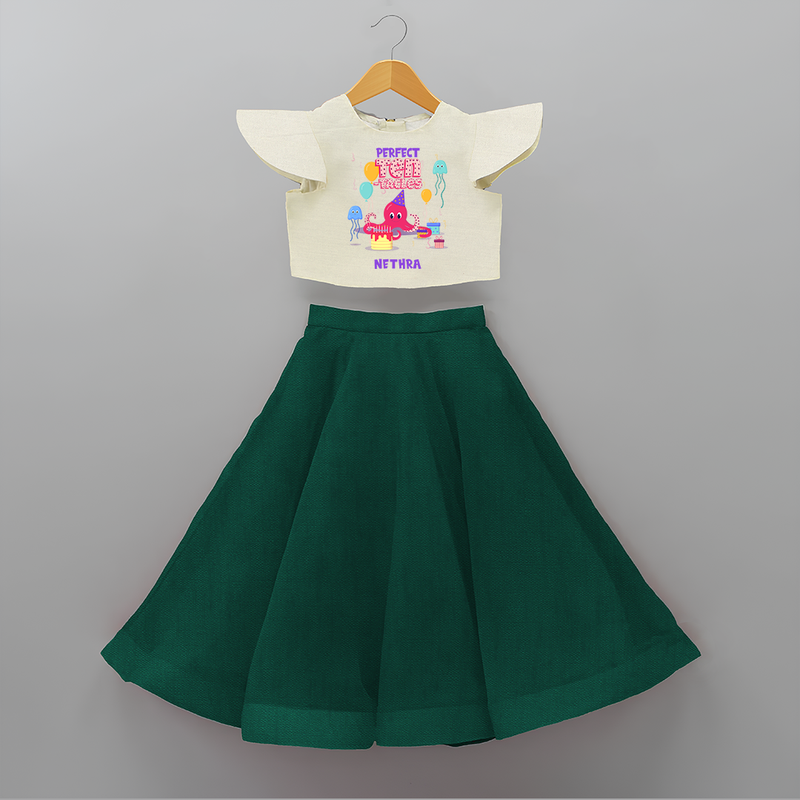 Celebrate The 10th Birthday With Ocean Theme - Personalized Birthday Crop Top And Skirt With Customized Name - BOTTLE GREEN - 6 - 9 Months Old (Chest 20" , Frock Waist 20")