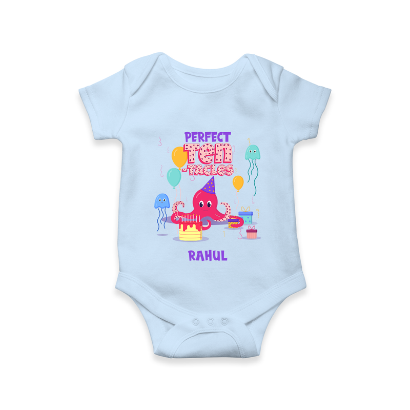 Celebrate The 10th Month With Our Ocean Theme - Customized Romper For Babies With Name - BABY BLUE - 0 - 3 Months Old (Chest 16")