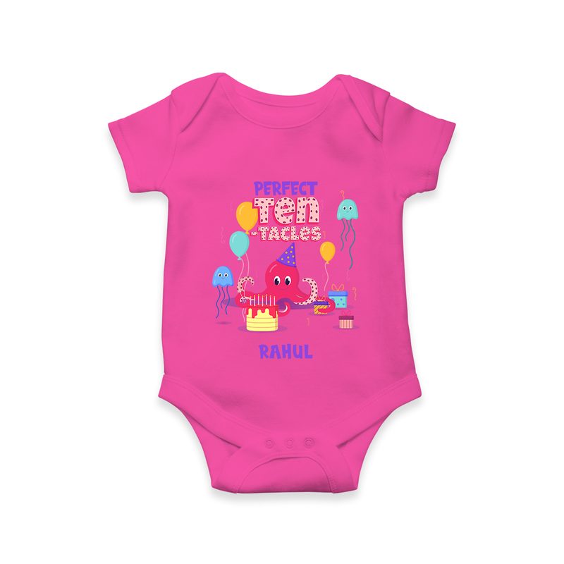 Celebrate The 10th Month With Our Ocean Theme - Customized Romper For Babies With Name - HOT PINK - 0 - 3 Months Old (Chest 16")