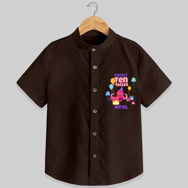 Celebrate The 10th Birthday "Perfect Ten-Tacles"with Personalized Shirt - CHOCOLATE BROWN - 0 - 6 Months Old (Chest 21")