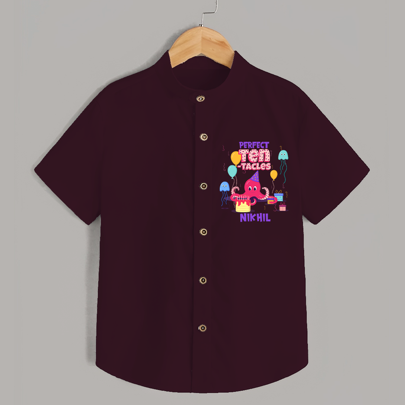 Celebrate The 10th Birthday "Perfect Ten-Tacles"with Personalized Shirt - MAROON - 0 - 6 Months Old (Chest 21")