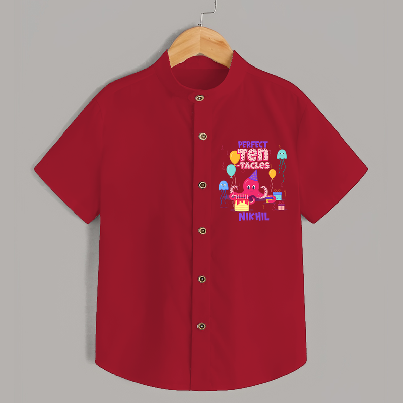 Celebrate The 10th Birthday "Perfect Ten-Tacles"with Personalized Shirt - RED - 0 - 6 Months Old (Chest 21")