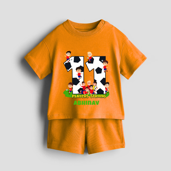 Celebrate The 11th Birthday With Football Theme - Personalized Birthday Co-ord With Customized Name - TANGERINE - 0-5 months old  (Chest 18")