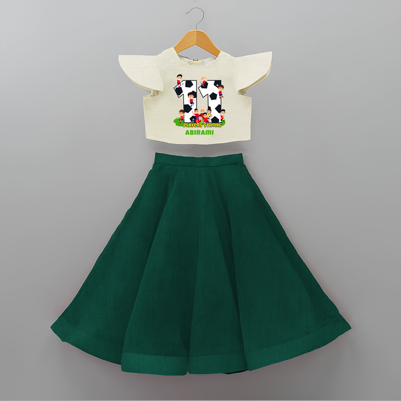 Celebrate The 11th Birthday With Football Theme - Personalized Birthday Crop Top And Skirt With Customized Name - BOTTLE GREEN - 6 - 9 Months Old (Chest 20" , Frock Waist 20")