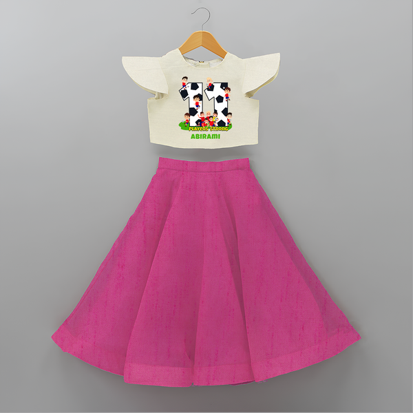 Celebrate The 11th Birthday With Football Theme - Personalized Birthday Crop Top And Skirt With Customized Name - FUSCHIA - 6 - 9 Months Old (Chest 20" , Frock Waist 20")