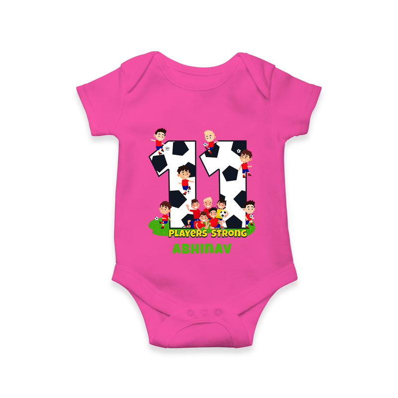 Celebrate The 11th Month With Our Football Theme - Customized Romper For Babies With Name - HOT PINK - 0 - 3 Months Old (Chest 16")