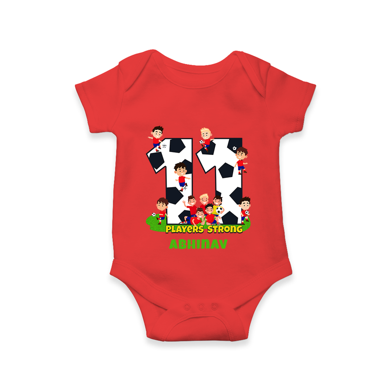 Celebrate The 11th Month With Our Football Theme - Customized Romper For Babies With Name - RED - 0 - 3 Months Old (Chest 16")