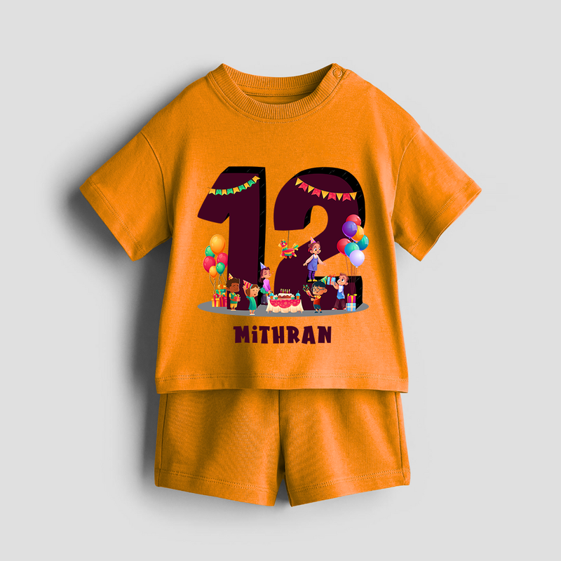 Celebrate The 12th Birthday With kids Theme - Personalized Birthday Co-ord With Customized Name - TANGERINE - 0-5 months old  (Chest 18")