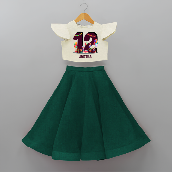 Celebrate The 12th Birthday With kids Theme - Personalized Birthday Crop Top And Skirt With Customized Name - BOTTLE GREEN - 6 - 9 Months Old (Chest 20" , Frock Waist 20")