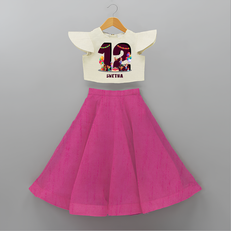 Celebrate The 12th Birthday With kids Theme - Personalized Birthday Crop Top And Skirt With Customized Name - FUSCHIA - 6 - 9 Months Old (Chest 20" , Frock Waist 20")