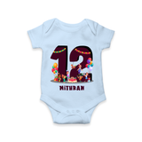 Celebrate The 12th Month With Our kids Theme - Customized Romper For Babies With Name - BABY BLUE - 0 - 3 Months Old (Chest 16")