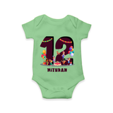 Celebrate The 12th Month With Our kids Theme - Customized Romper For Babies With Name - GREEN - 0 - 3 Months Old (Chest 16")