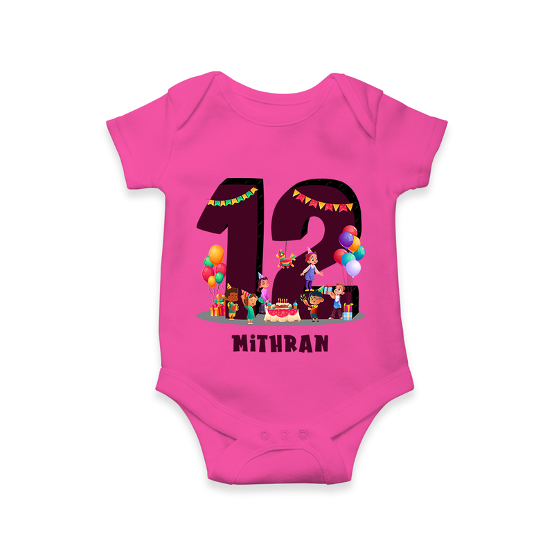 Celebrate The 12th Month With Our kids Theme - Customized Romper For Babies With Name - HOT PINK - 0 - 3 Months Old (Chest 16")