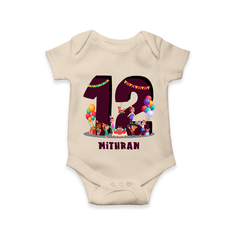 Celebrate The 12th Month With Our kids Theme - Customized Romper For Babies With Name - IVORY - 0 - 3 Months Old (Chest 16")