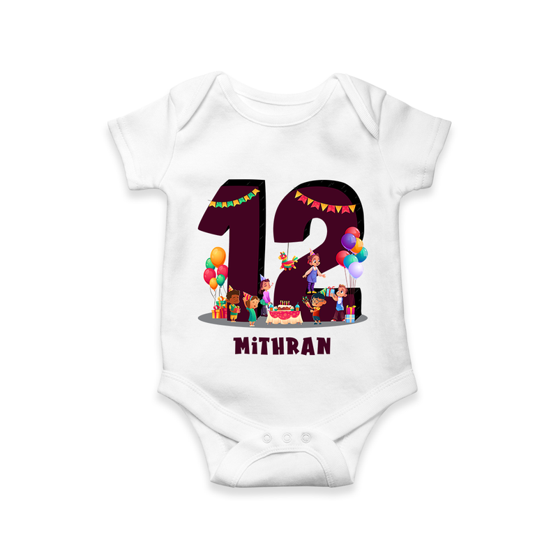 Celebrate The 12th Month With Our kids Theme - Customized Romper For Babies With Name - WHITE - 0 - 3 Months Old (Chest 16")