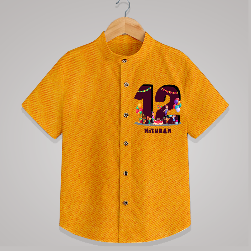 Celebrate The 12th Birthday With kids Theme - Personalized Birthday Shirts With Customized Name - CHROME YELLOW - 0 - 6 Months Old (Chest 23")