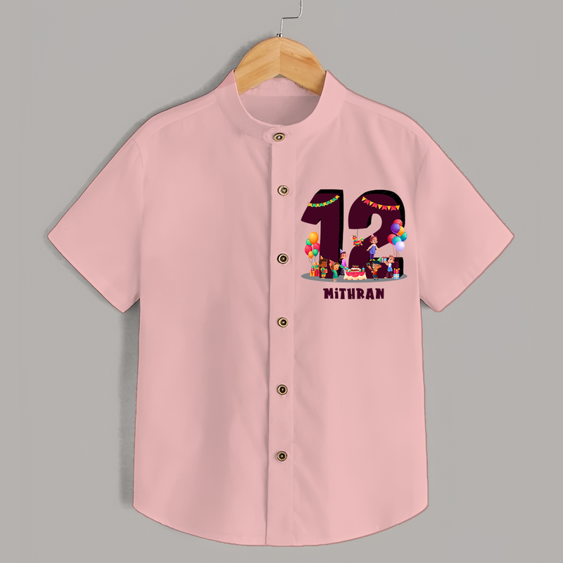 Celebrate The 12th Birthday With kids Theme - Personalized Birthday Shirts With Customized Name - PEACH - 0 - 6 Months Old (Chest 23")